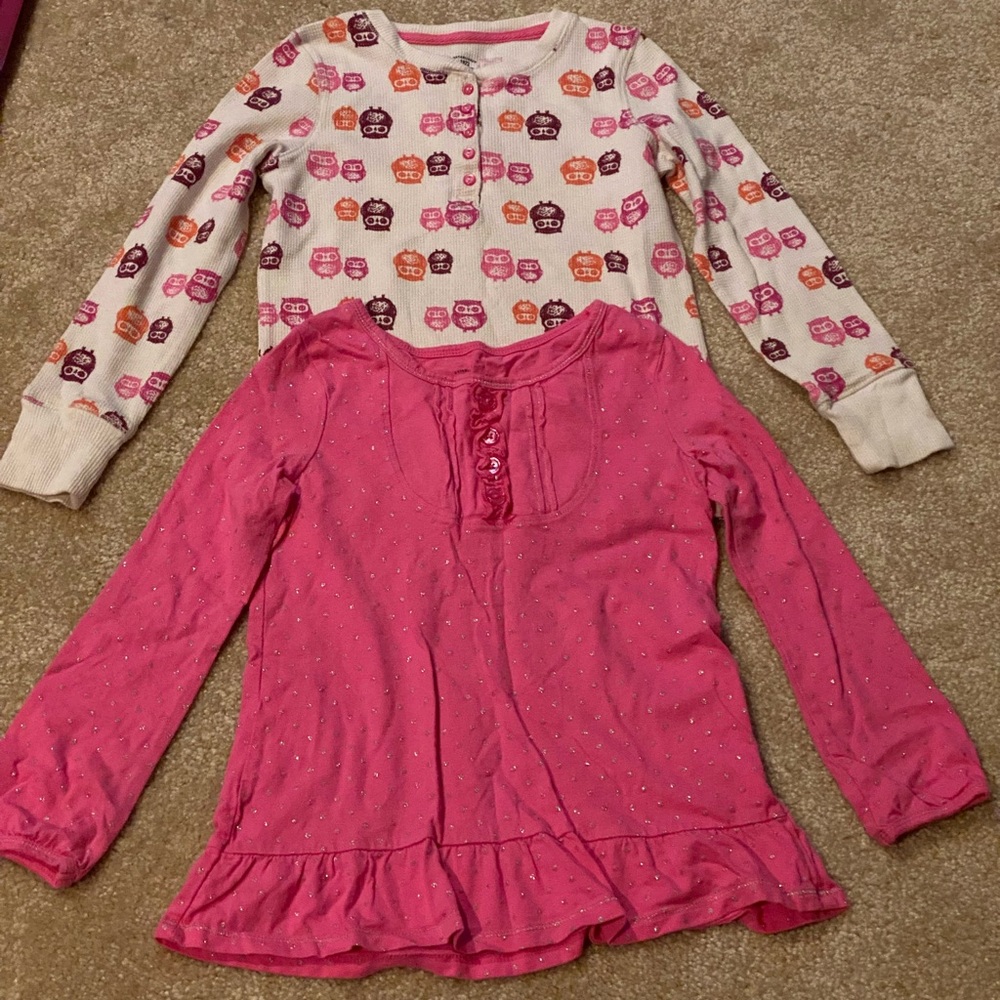 2 girls long sleeve shirts; sparkly polka dot tunic & owl termal top 🦉 💖